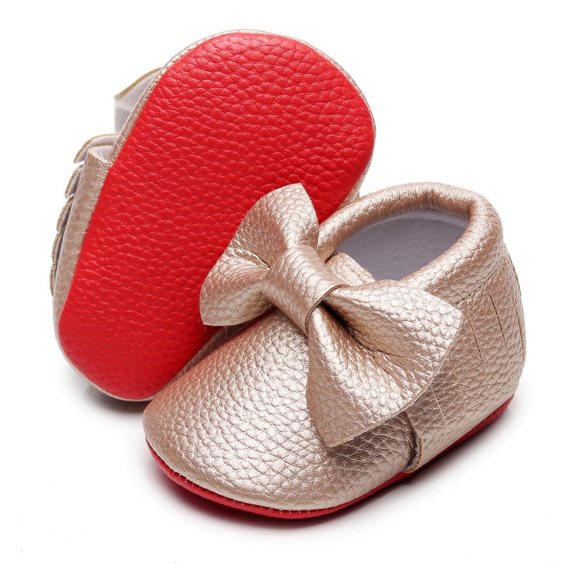 Bebila Double Bow Baby Moccasins - Soft Red Sole Baby Shoes Toddler Infant Fringe Girls Shoes (0-3months,10.5cm, 3M US Infant, Gold) - Image 2