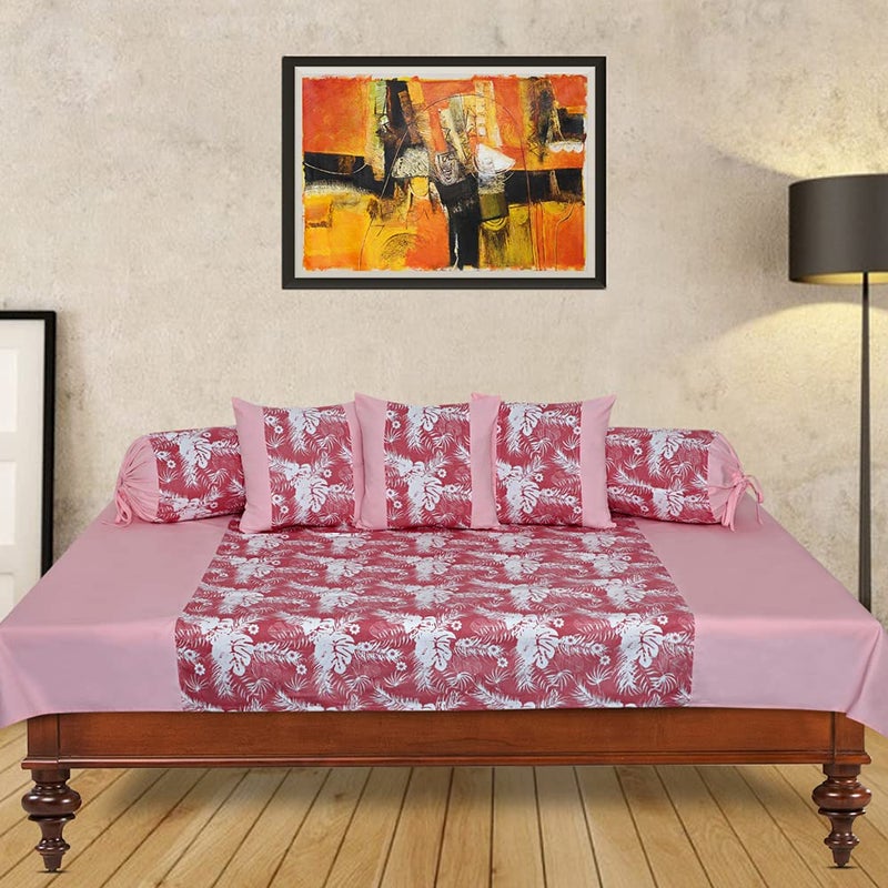 Dekor World Dekor World 6 Piece Cotton Printed Pink Autumn Leaf Collection Diwan Set for Living Room150x175 cm1 Piece Diwan Sheet 3 Piece Cushion Cover 2 Piece Bolster Cover  - Image 1