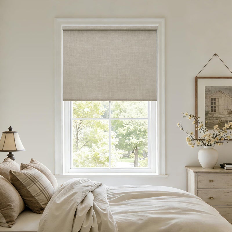 TWODRAPES Blackout Roller Shades for Bedroom Window Cordless Free-Stop Blinds with Valance UV Protection 100% Black Out Linen Shades Blinds for Indoor Bathroom Windows Living Room Beige Oatmeal 34" W x 72" H - Image 1