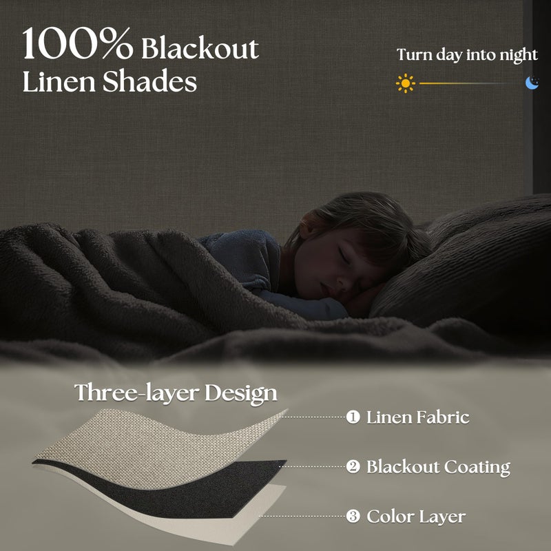 TWODRAPES Blackout Roller Shades for Bedroom Window Cordless Free-Stop Blinds with Valance UV Protection 100% Black Out Linen Shades Blinds for Indoor Bathroom Windows Living Room Beige Oatmeal 34" W x 72" H - Image 3