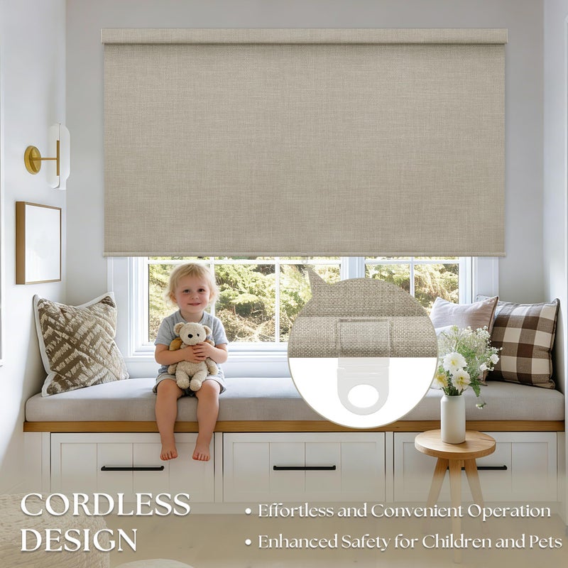 TWODRAPES Blackout Roller Shades for Bedroom Window Cordless Free-Stop Blinds with Valance UV Protection 100% Black Out Linen Shades Blinds for Indoor Bathroom Windows Living Room Beige Oatmeal 34" W x 72" H - Image 2
