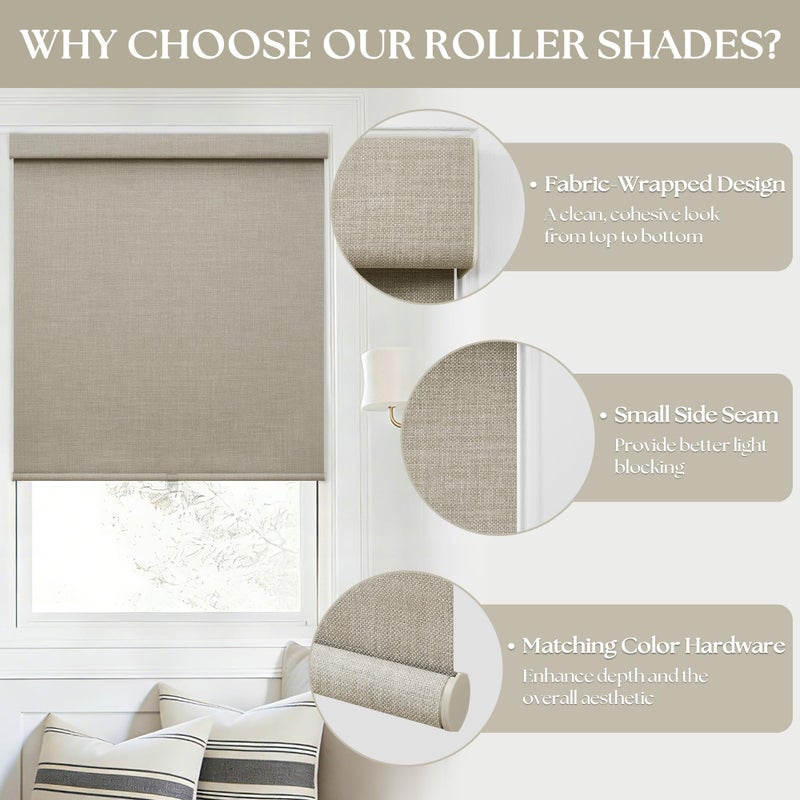 TWODRAPES Blackout Roller Shades for Bedroom Window Cordless Free-Stop Blinds with Valance UV Protection 100% Black Out Linen Shades Blinds for Indoor Bathroom Windows Living Room Beige Oatmeal 34" W x 72" H - Image 4