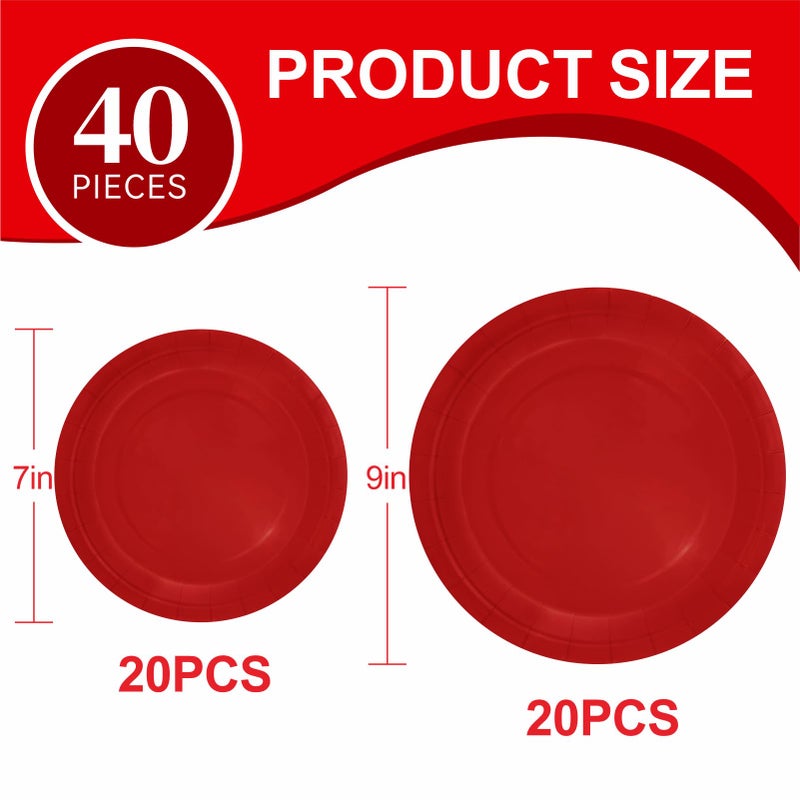 Aixuler 40Pcs Disposable Paper Plates Red Including 20pcs 9"" and 20pcs 7"" Plates Strong and Sturdy Disposable Plates for Party  Dinner  Holiday  Picnic Birthday Party  Dinner Table  Wedding - Image 1