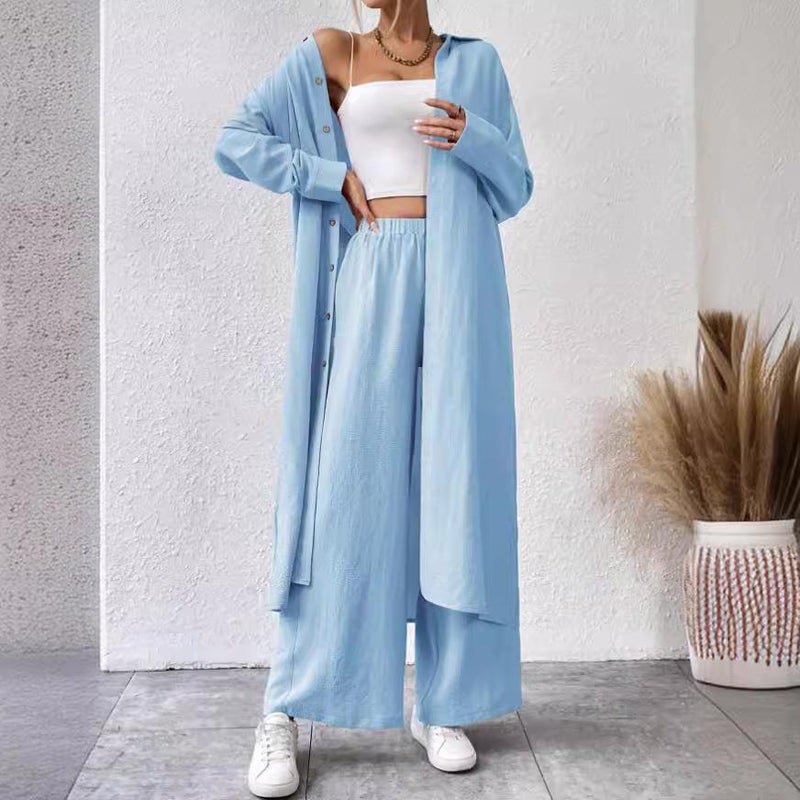 2024 New Autumn Two-piece Womens suit European, American and Middle East Long Shirt Two-piece Wide-leg Pants Trousers light blue - Image 1