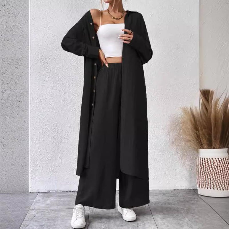2024 New Autumn Two-piece Womens suit European, American and Middle East Long Shirt Two-piece Wide-leg Pants Trousers light blue - Image 2