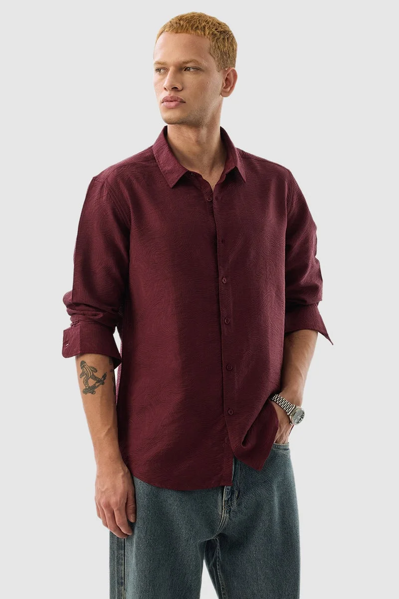 SNITCH Burgundy Textured Long Sleeve Slim Fit Luxe Shirt