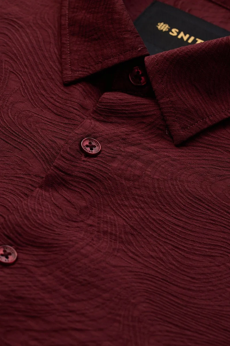 SNITCH Burgundy Textured Long Sleeve Slim Fit Luxe Shirt