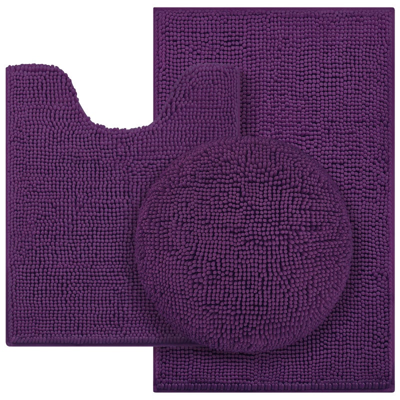 HOMEIDEAS 3 Pieces Dark Purple Bathroom Rugs Set Ultra Soft Non Slip Bath Rug and Absorbent Chenille Bath Mat Includes UShaped Contour Rug Bath Mat and Toilet Lid Cover Perfect for Bathroom Floor