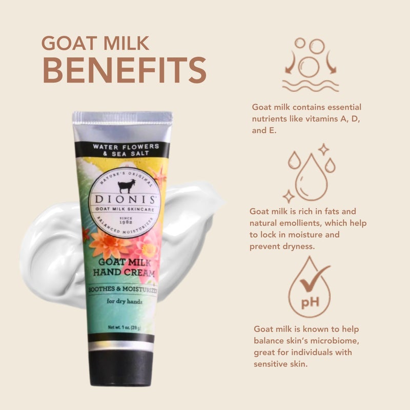 Dionis Goat Milk Skin Care Water Flowers & Sea Salt Scented Hand Cream Set - Cruelty Free Travel Size Hand Lotion For Hydrating & Moisturizing Dry Skin - Paraben Free, Made In The USA, 1 oz Set of 4 - Image 2