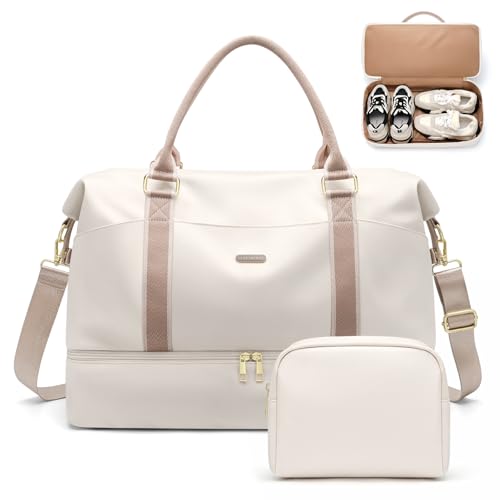 GOLF SUPAGS Weekender Bags for Women Carry On Travel Duffel Bag with Shoe Compartment Toiletry Bag 46L Overnight Bag Gym Hospital Bags for Labor and Delivery Cream White - Image 1
