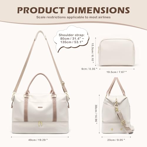 GOLF SUPAGS Weekender Bags for Women Carry On Travel Duffel Bag with Shoe Compartment Toiletry Bag 46L Overnight Bag Gym Hospital Bags for Labor and Delivery Cream White - Image 3