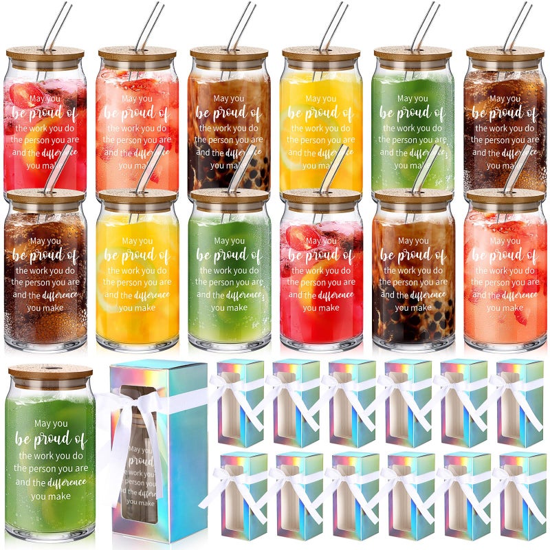 Layhit 12 Set Employee Appreciation Gifts Bulk Thank You Glass Cups for Staff Coworker 16 oz Can Shaped Beer Glass with Lids Straws Brushes Ribbon and Gift Boxes for Women Nurse Teachers DayProud
