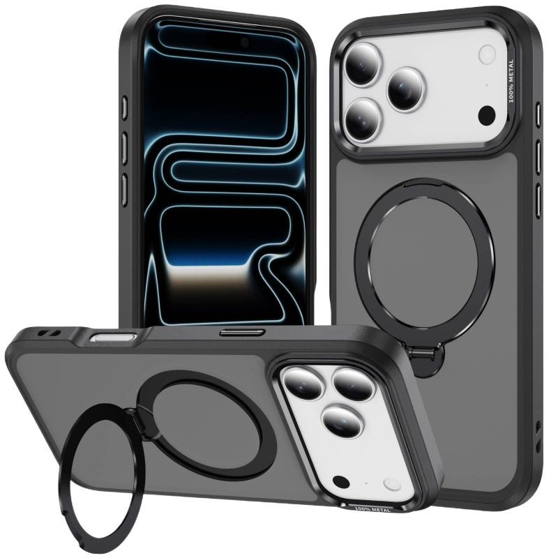 MagSafe iPhone 16 Plus Drop Protection PC Case for iPhone 16 16 Plus 16 Pro 16 Pro Max with 360° Rotating Kickstand in Black - Image 1