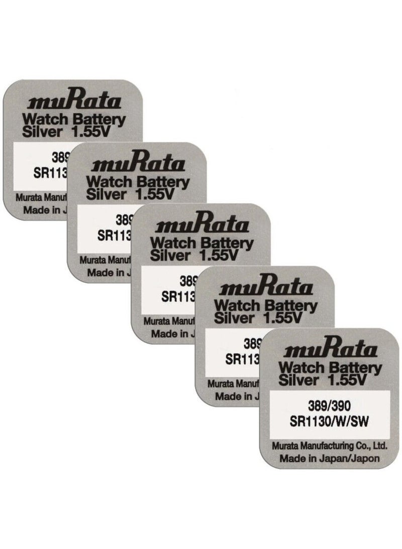muRATA 5-Pieces Murata 389/390 SR1130/W/SW Silver Oxide 1.55V Watch Batteries 