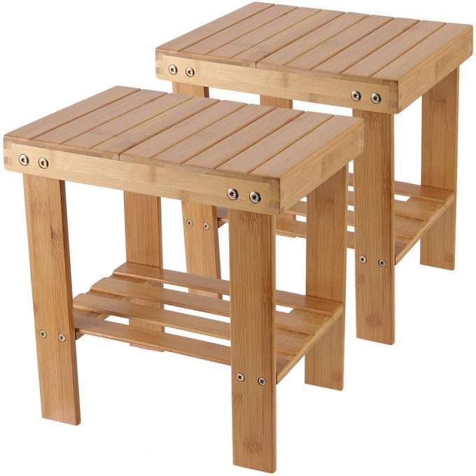 2 PACK BAMBOO STEP STOOL BAMBOO SHOWER BENCH BAMBOO FOOT STOOL BAMBOO SEAT STOOL FOR HOME GARDEN LIVING ROOM KITCHEN BATHROOM BEDROOM