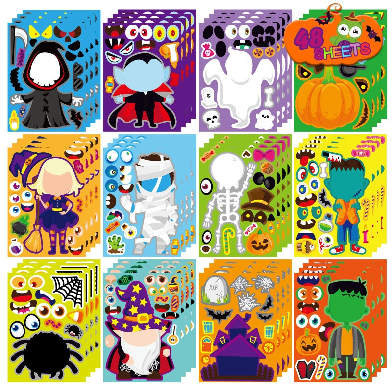 48 PCS Halloween Makeaface Stickers Halloween Characters Stickers for Kids Make Your Own Mix and Match Sticker DIY Crafts Decorating Toy Sticker Trick or Treat Party Game Activities