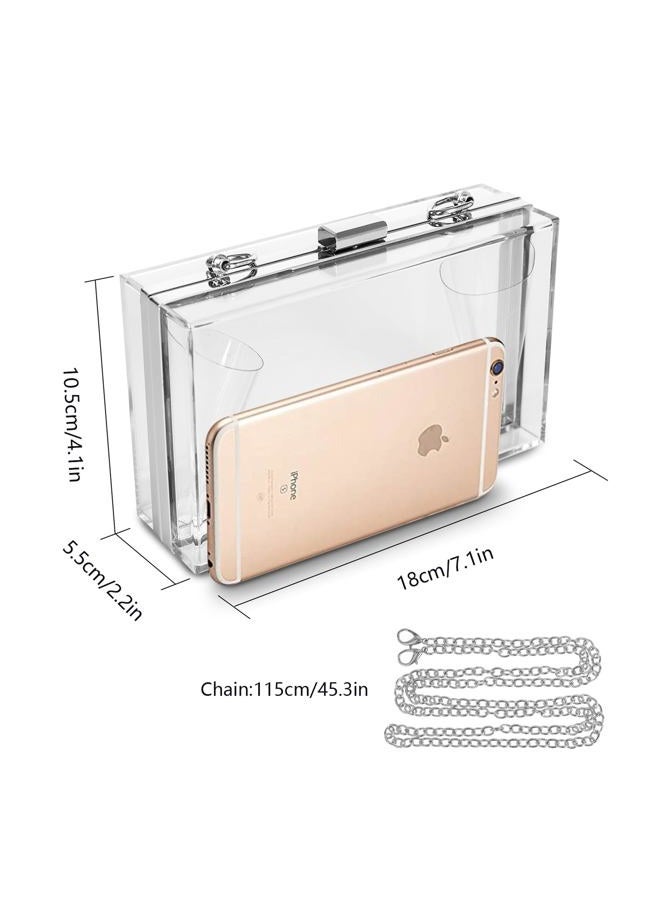 WJCD Women Clear Purse Acrylic Box Clutch Handbag, Small Transparent Crossbody Evening Bag Stadium Approved Gold Chain Strap, Silver, Small - Image 4