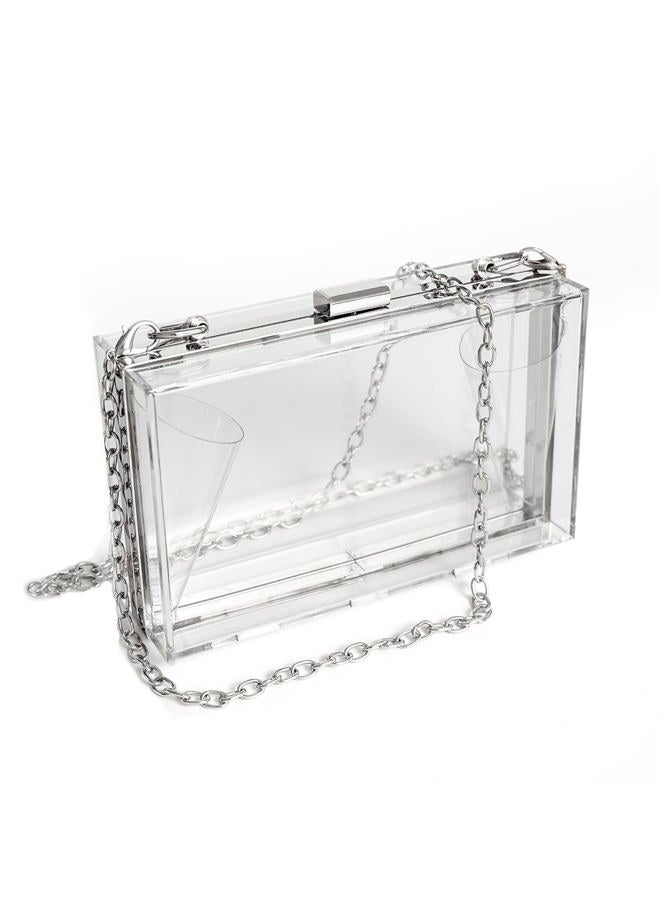WJCD Women Clear Purse Acrylic Box Clutch Handbag, Small Transparent Crossbody Evening Bag Stadium Approved Gold Chain Strap, Silver, Small - Image 1