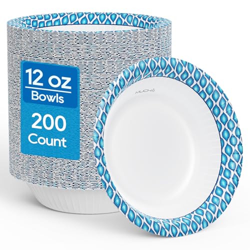 MUCHII 12 Oz Paper Bowls 200 Counts Disposable Bowls, Printed Soak Proof Small Bowls for Breakfast, Lunch, and Dinner Meals - Image 1