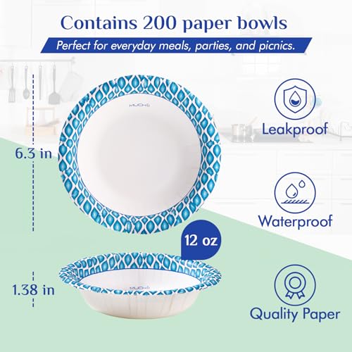 MUCHII 12 Oz Paper Bowls 200 Counts Disposable Bowls, Printed Soak Proof Small Bowls for Breakfast, Lunch, and Dinner Meals - Image 3