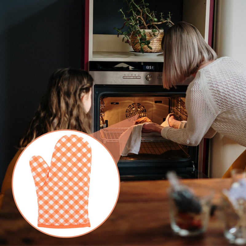 Heat Resistant Oven Mitts Insulated Cotton Gloves For Baking Cooking Orange Plaid - Image 3