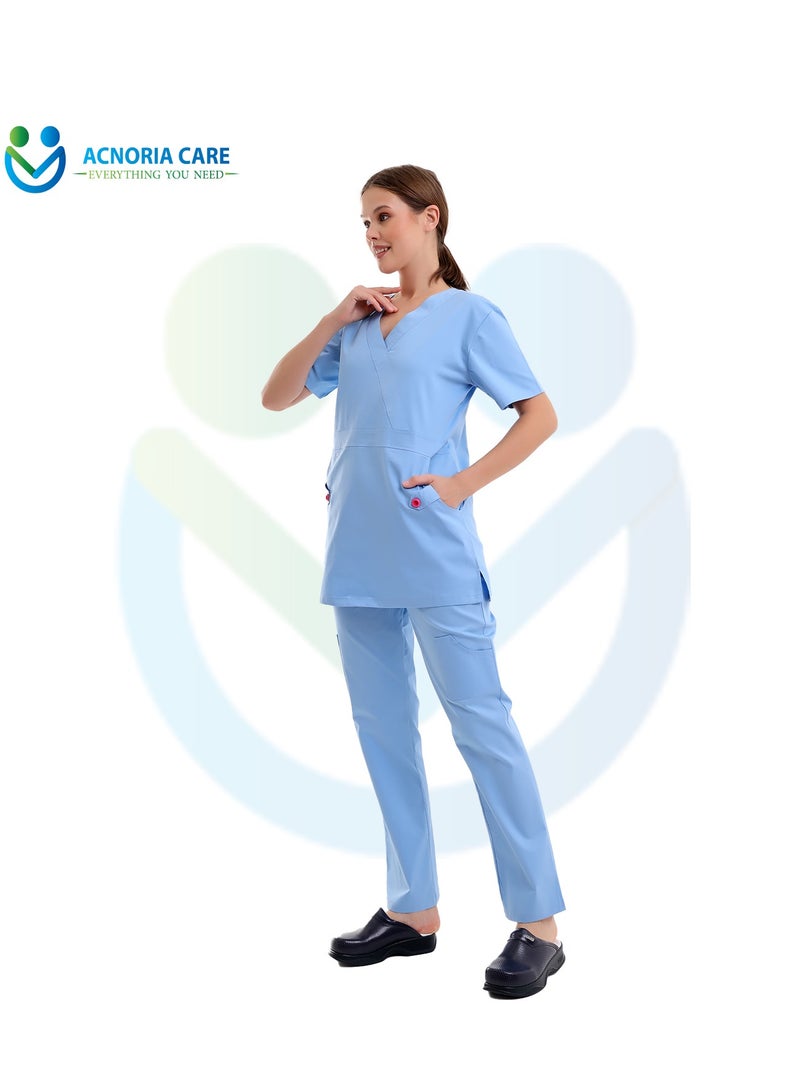 اكنوريا كير سكراب طبي نسائي مكون من قطعتين بلوزة وسروال قطن 95%  ليكرا 5% لون أزرق فاتح - مقاس XXL - من اكنوريا كير - Image 1
