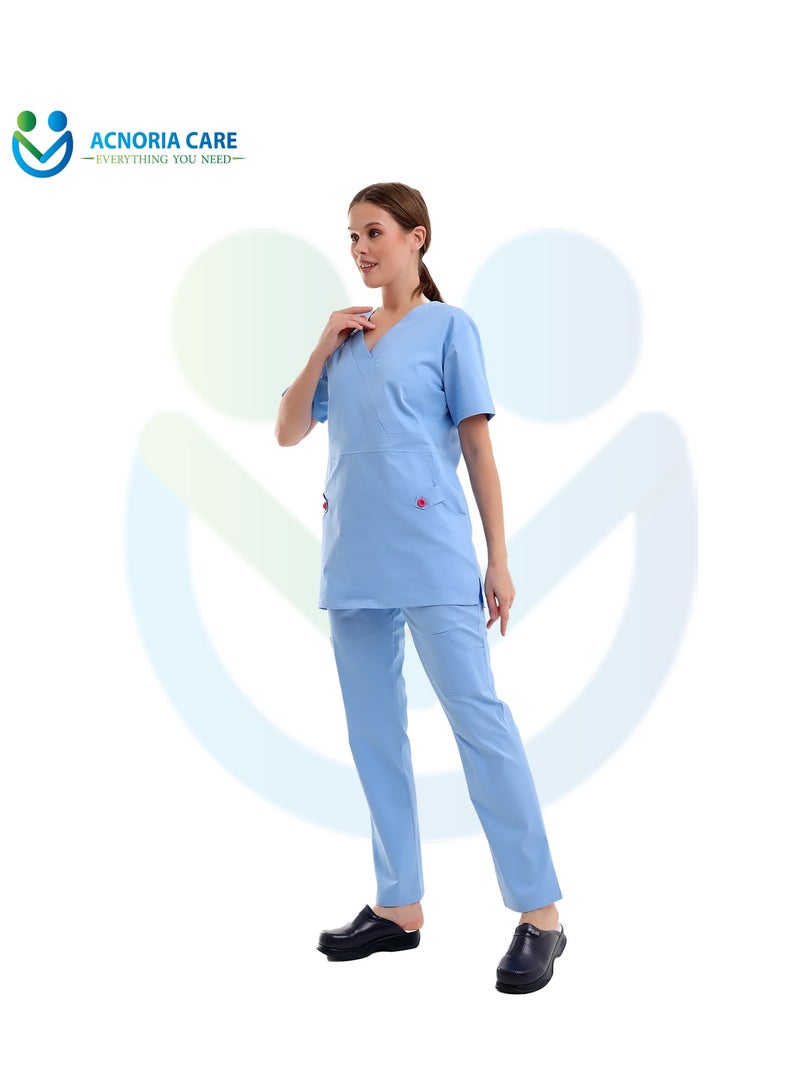 اكنوريا كير سكراب طبي نسائي مكون من قطعتين بلوزة وسروال قطن 95%  ليكرا 5% لون أزرق فاتح - مقاس XXL - من اكنوريا كير - Image 5
