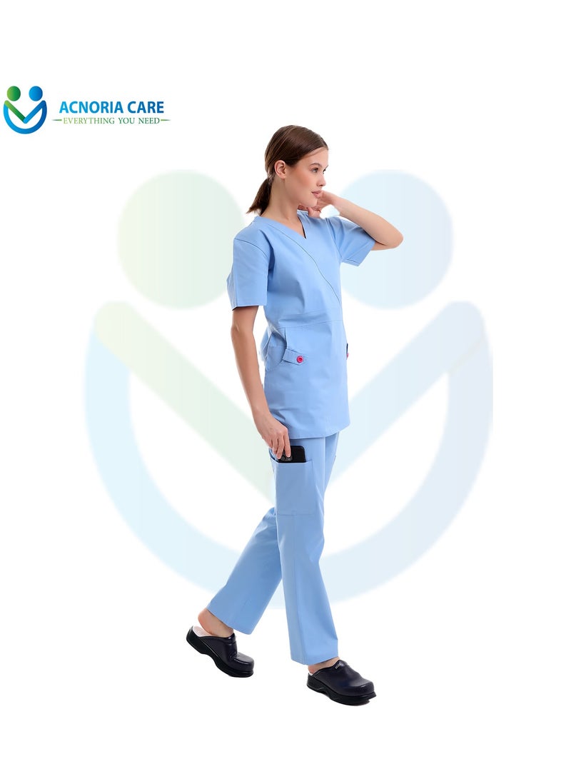 اكنوريا كير سكراب طبي نسائي مكون من قطعتين بلوزة وسروال قطن 95%  ليكرا 5% لون أزرق فاتح - مقاس XXL - من اكنوريا كير - Image 4