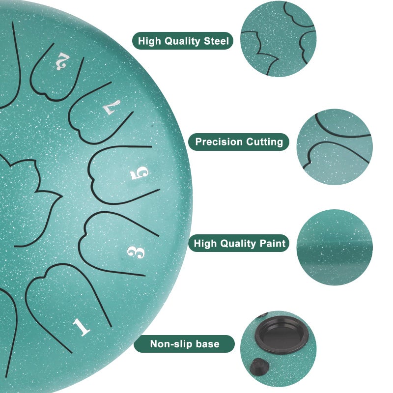 Wetpuorek Steel Tongue Drum - 12-Inch 13-Notes Tongue Drum, C Major Outdoor Rain Drum with Music Book, Handpan Drums Mallets and Carry Bag (Green) - Image 2
