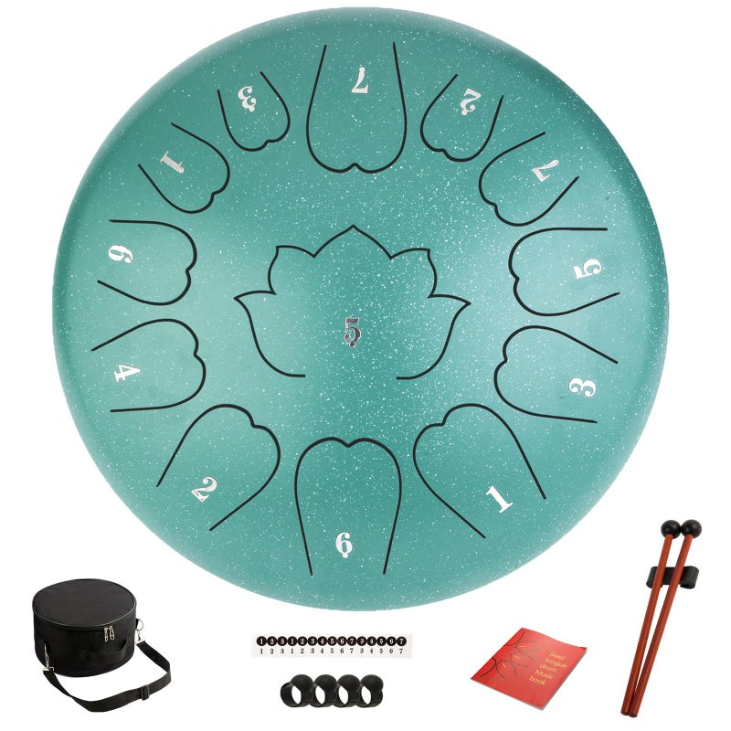 Wetpuorek Steel Tongue Drum - 12-Inch 13-Notes Tongue Drum, C Major Outdoor Rain Drum with Music Book, Handpan Drums Mallets and Carry Bag (Green) - Image 1