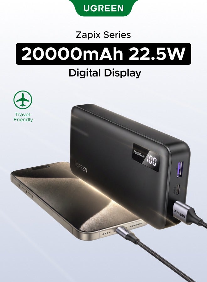 يو جرين شاحن محمول USB-C بسعة 20000 مللي أمبير وقوة 22.5 واط، يدعم الشحن السريع 2A1C وPD 3.0، مزود بشاشة رقمية، ويتضمن كابلًا متوافقًا مع هواتف سامسونج جالاكسي S26/S25 ألترا، وسلسلة آيفون 17/16، وآيباد، وإيربودز. 20000 mAh 20000 مللي أمبير/ساعة 22.5 واط - Image 1