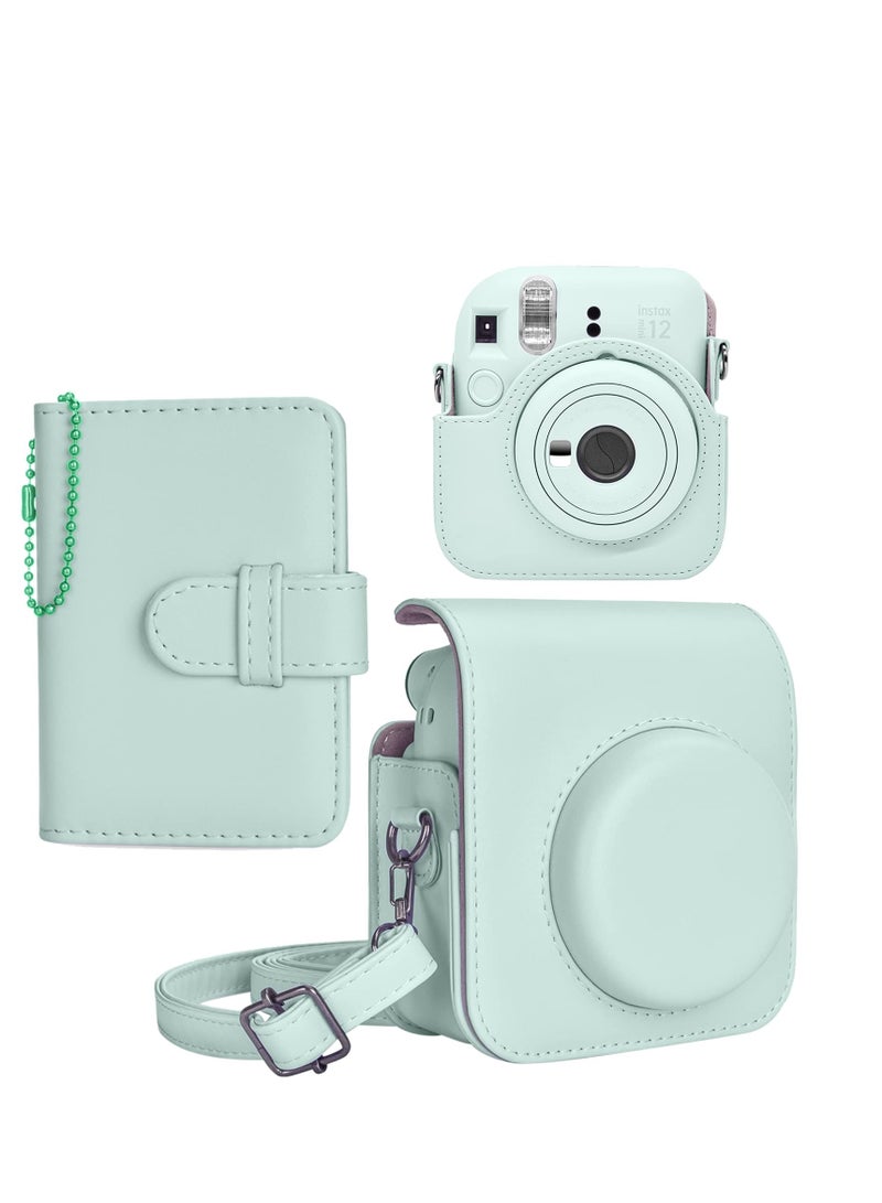 Instant Camera Case Compatible with Instax Mini 12, PU Leather Bag with Pocket, Adjustable Shoulder Strap  (Pure Green) - Image 1