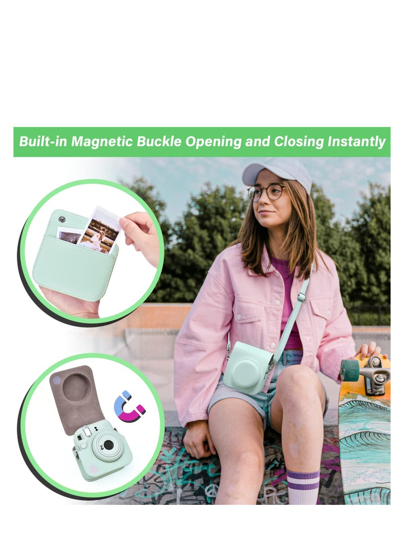 Instant Camera Case Compatible with Instax Mini 12, PU Leather Bag with Pocket, Adjustable Shoulder Strap  (Pure Green) - Image 3