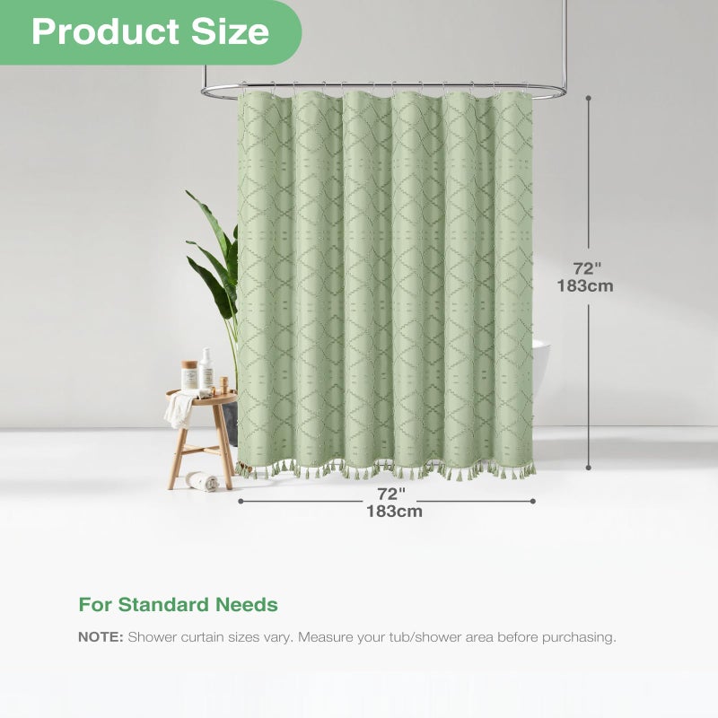 Dynamene sage Green Fabric Shower Curtain, Boho Tufted Geometric Striped Tassel Shower Curtain for Bathroom, Shabby Chic Modern Farmhouse Waterproof Cloth Shower Curtain Set, Wrinkle Free, 72x72 - Image 4