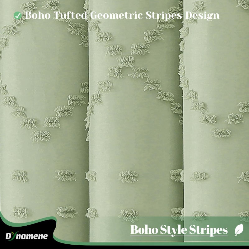 Dynamene sage Green Fabric Shower Curtain, Boho Tufted Geometric Striped Tassel Shower Curtain for Bathroom, Shabby Chic Modern Farmhouse Waterproof Cloth Shower Curtain Set, Wrinkle Free, 72x72 - Image 3