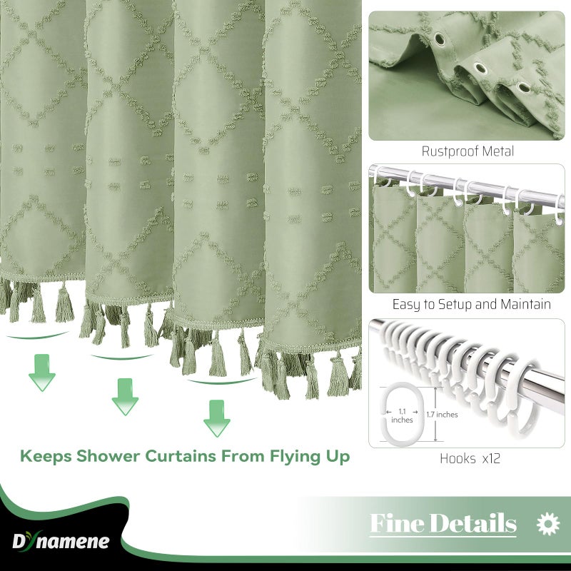 Dynamene sage Green Fabric Shower Curtain, Boho Tufted Geometric Striped Tassel Shower Curtain for Bathroom, Shabby Chic Modern Farmhouse Waterproof Cloth Shower Curtain Set, Wrinkle Free, 72x72 - Image 5