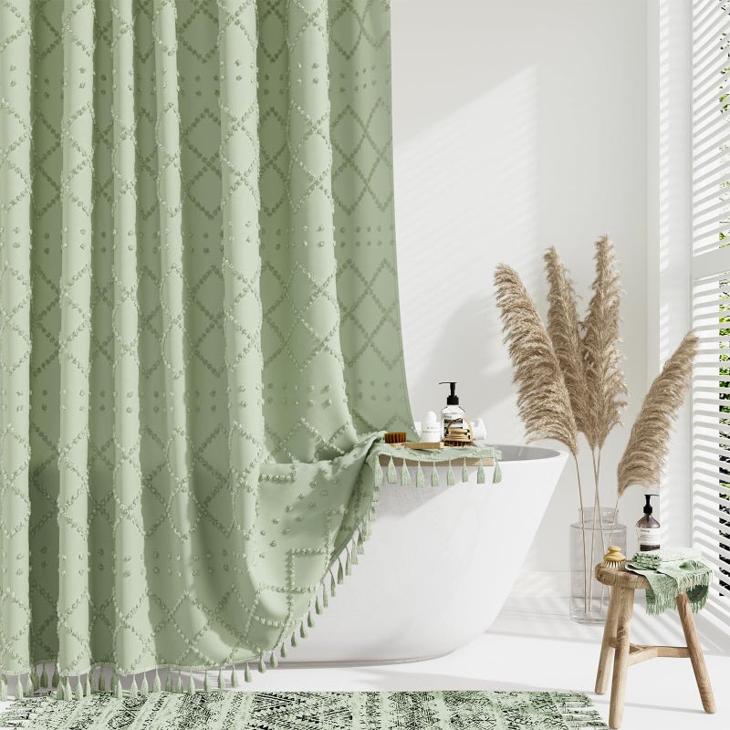 Dynamene sage Green Fabric Shower Curtain, Boho Tufted Geometric Striped Tassel Shower Curtain for Bathroom, Shabby Chic Modern Farmhouse Waterproof Cloth Shower Curtain Set, Wrinkle Free, 72x72 - Image 1