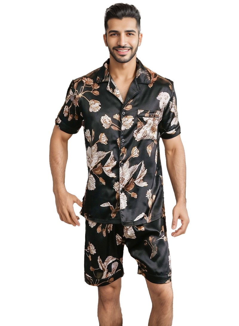 RuanMM Men's Classic Silk Satin Pajama Set Short Sleeve Sleepwear Button Loungewear with short Pants | Black with gold flower pattern - Image 1
