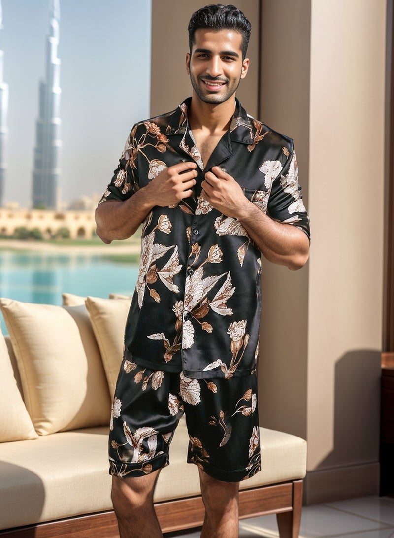 RuanMM Men's Classic Silk Satin Pajama Set Short Sleeve Sleepwear Button Loungewear with short Pants | Black with gold flower pattern - Image 2