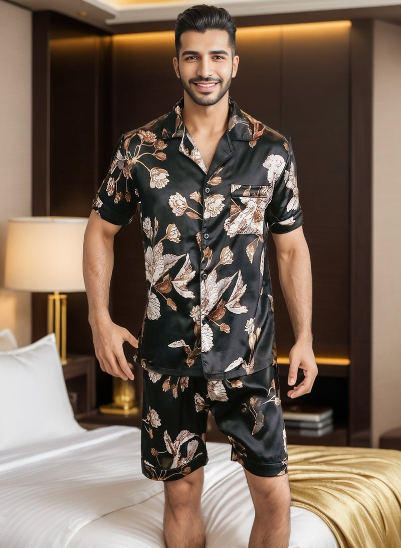 RuanMM Men's Classic Silk Satin Pajama Set Short Sleeve Sleepwear Button Loungewear with short Pants | Black with gold flower pattern - Image 3
