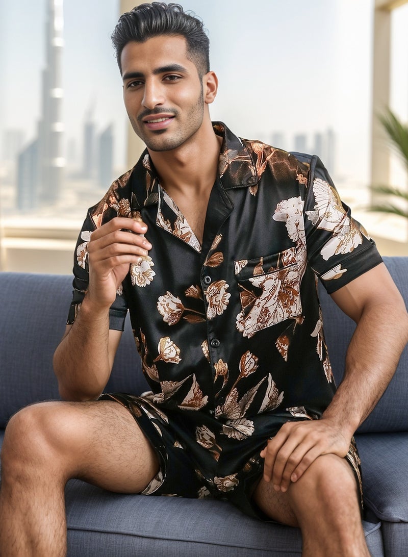 RuanMM Men's Classic Silk Satin Pajama Set Short Sleeve Sleepwear Button Loungewear with short Pants | Black with gold flower pattern - Image 4