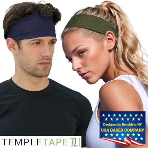 Temple Tape, Value 2-Pack, Mens Headband - Guys Sports Headbands Moisture Wicking Workout Sweatbands for Running, Cross-Train, Skiing and Bike Helmet Friendly 1-OD Green & 1-Navy Sweatband - Image 3