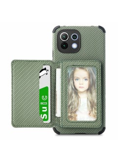 HuHa Case Cover For Xiaomi Mi 11 Lite Carbon Fiber Magnetic Card Bag TPU+PU Shockproof Back Cover Case with Holder & Card Slot & Photo Frame Green 