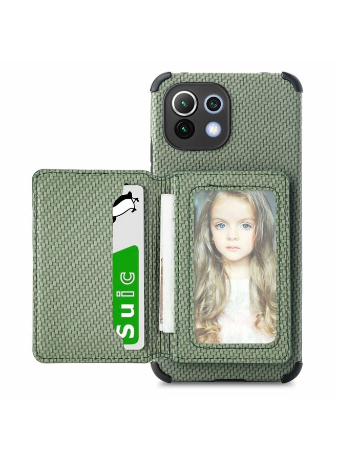 HuHa Case Cover For Xiaomi Mi 11 Lite Carbon Fiber Magnetic Card Bag TPU+PU Shockproof Back Cover Case with Holder & Card Slot & Photo Frame Green 