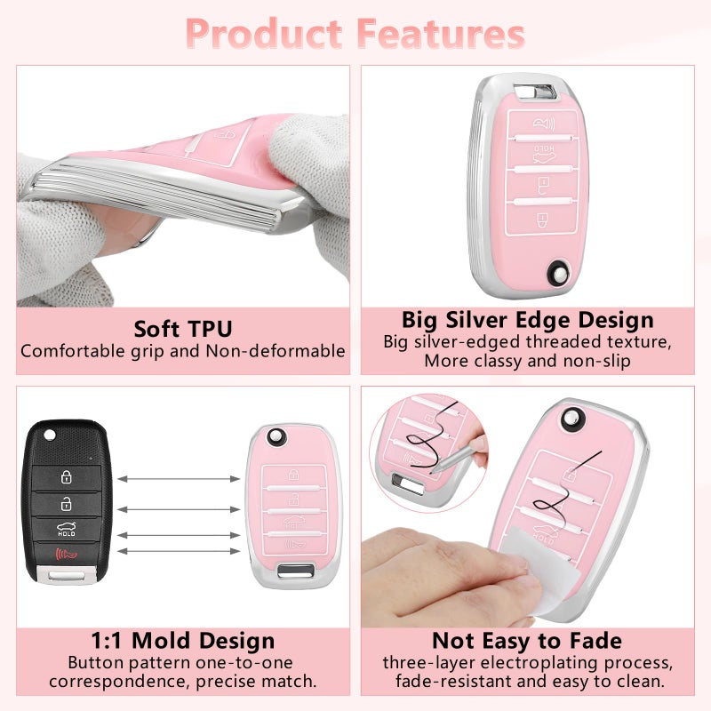 PIFOOG Pink Key Fob Cover for Kia Soul Sorento Optima Sportage Rio Forte NIRO Accessories Bling Car Keychain 4 Buttons Keys Case Shell Full Protector Covers Girly Women TPU - Image 3