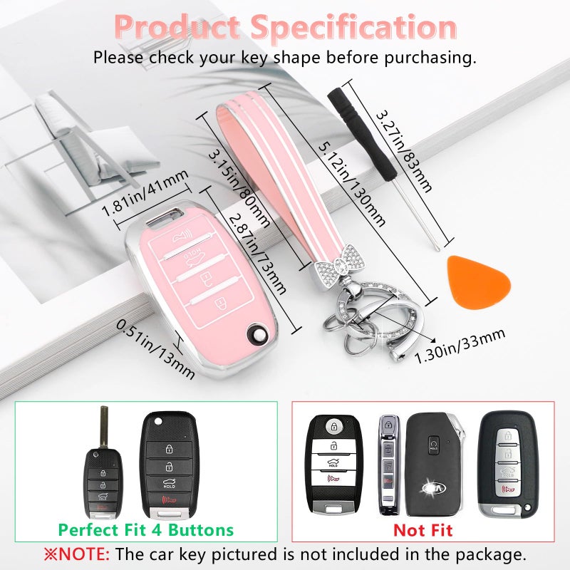 PIFOOG Pink Key Fob Cover for Kia Soul Sorento Optima Sportage Rio Forte NIRO Accessories Bling Car Keychain 4 Buttons Keys Case Shell Full Protector Covers Girly Women TPU - Image 2