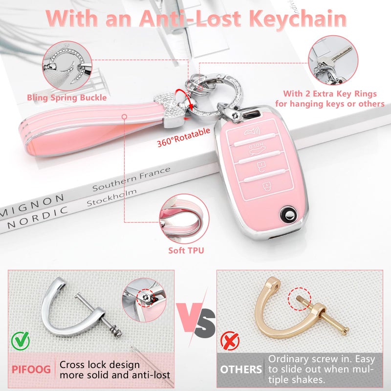 PIFOOG Pink Key Fob Cover for Kia Soul Sorento Optima Sportage Rio Forte NIRO Accessories Bling Car Keychain 4 Buttons Keys Case Shell Full Protector Covers Girly Women TPU - Image 4