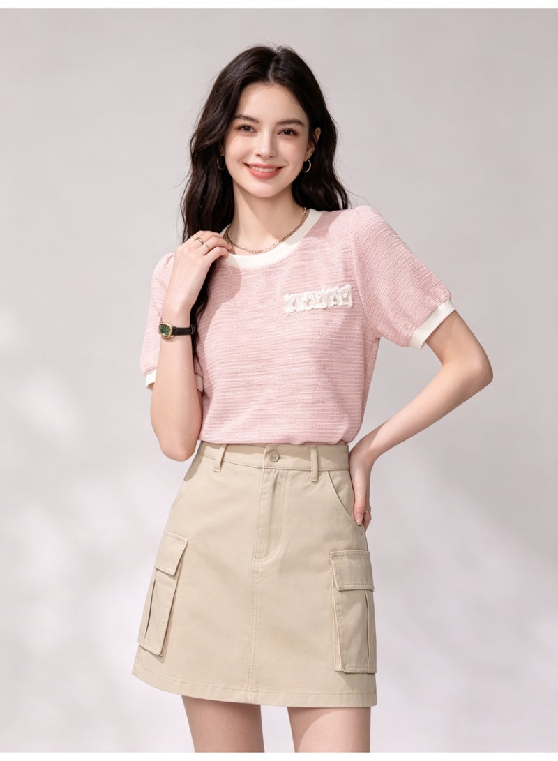 ZARA Women’s Contrast Trim Textured Short Sleeve T-Shirt with Fringe Patch - Image 1