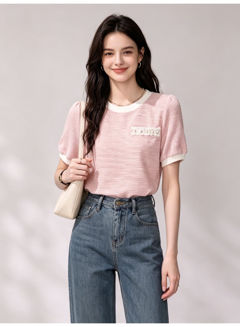 ZARA Women’s Contrast Trim Textured Short Sleeve T-Shirt with Fringe Patch - Image 5
