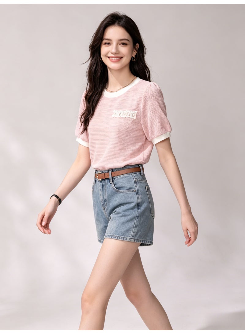 ZARA Women’s Contrast Trim Textured Short Sleeve T-Shirt with Fringe Patch - Image 3
